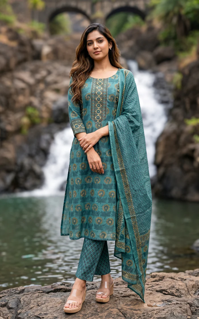 Elegant Woven Design Salwar Set – Teal Blue